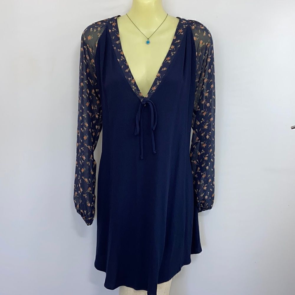 Reformation Dress "Sarafina"Tunic Floral Sheer Sleeves Midnight Blue SM …